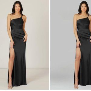 Black Azazie Eren Mermaid One Shoulder Stretch Satin Floor-Length Dress